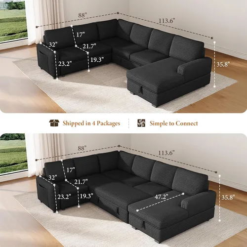 Miniatura 2 de Vesgantti Sofá Seccional Modular de 113.6" con Sofá Cama Extraíble, Sofá Cama en Forma de U de 7 Plazas con Chaise de Almacenamiento, Sofá Seccional