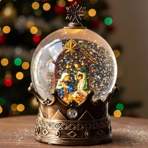 Miniatura 20 de Globo de nieve navideño iluminado con pesebre y escena del nacimiento, musical de la Sagrada Familia, agua y cuna con música silenciosa de la noche