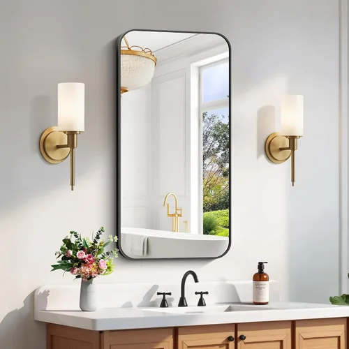 Miniatura 33 de FORBATH - Espejo de baño negro para sobre lavabo, espejo de pared de 16x24 pulgadas con marco de metal, esquinas redondeadas para baño, dormitorio