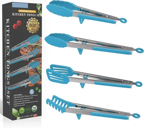 Miniatura 12 de Juego de pinzas de cocina de acero inoxidable 4 en 1 para cocinar con puntas de silicona, tostadora de bistec, pizza, pasta, espagueti, fideos, Negro
