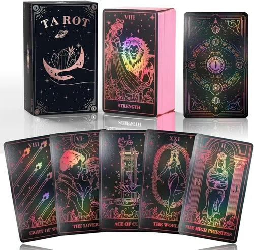 Miniatura 8 de WJPC Juego de cartas de tarot de lámina de oro rosa con guía y caja de regalo para principiantes y expertos. Tarjetas de juego de adivinación