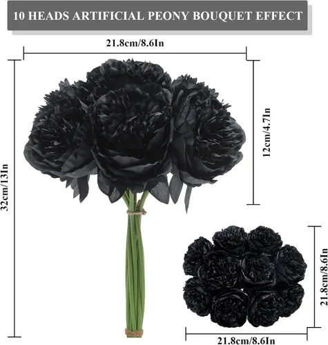 Miniatura 4 de U'Artlines 10 cabezas de peonías artificiales de seda, hojas y flores para decoración del hogar, oficina, bodas, fiestas, festivales y bares (negro)