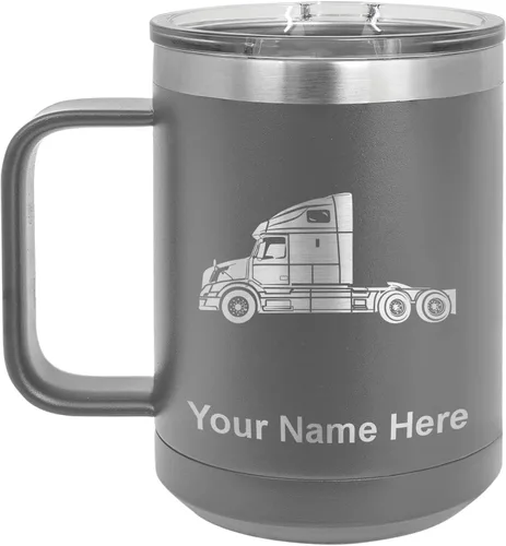 Miniatura 32 de LaserGram Taza de café aislada al vacío de 15 onzas, cabina de camión, grabado personalizado incluido (negro)