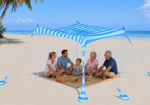 2PM SPORTS - Tienda de campaña de playa de 10 x 10 pies, protección UV UPF 50+, 8 sacos de arena, fácil instalación, toldo portátil para playa, Azul
