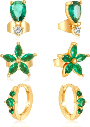 Kenivira Juego de aretes tipo dormilona para mujer, chapados en oro de 14 quilates, hipoalergénicos, delicados, 3 pares de aretes pequeños de