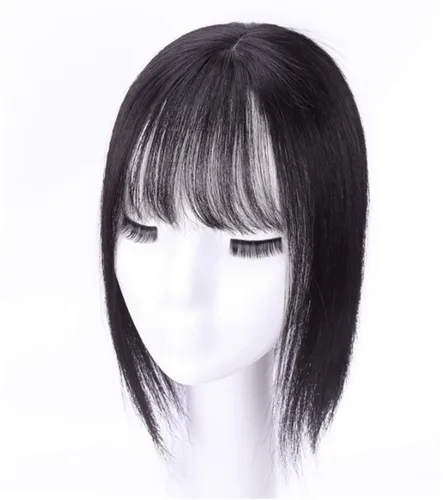 Miniatura 4 de LXUE Piezas de cabello realistas con flequillo, cabello humano real con clip para mujeres con pérdida de cabello, 8 pulgadas, marrón oscuro