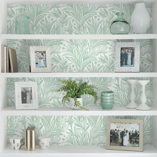 Miniatura 9 de Dimoon Papel tapiz de 17.3 x 98.4 pulgadas, papel de contacto bohemio verde y blanco, papel de contacto bohemio moderno con hojas florales, apto