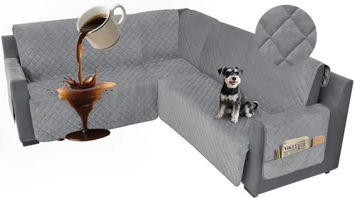 Miniatura 16 de Fundas impermeables para sofá seccional de esquina en forma de L, de terciopelo, juego de 6 piezas, funda en forma de U para sofá, para perros