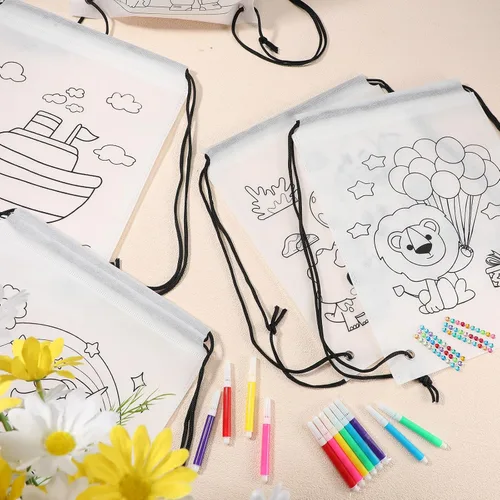 Miniatura 5 de Aliceset Paquete de 16 bolsas con cordón preimpresas y juegos de pintura de acuarela con contorno predibujado con cordón, mochila con cordón a
