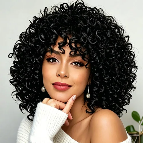 Miniatura 11 de Curly Wigs for Black Women Short Curly Wig with Bangs Soft Bouncy Fluffy Small Curls Heat Resistant Synthetic Wig for Daily Party Use Ombre Brown 14