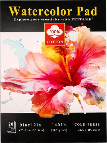 FEITAKE Bloc de acuarela de 9 x 12 pulgadas, cuaderno de bocetos de papel de acuarela 100% algodón/prensado en frío, 140 libras (10.58 oz/m²), libre