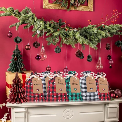 Miniatura 6 de Shappy 48 bolsas navideñas con cordón ajustable, bolsas de dulces de arpillera a cuadros búfalo de Navidad, saco de golosinas de lino, bolsa