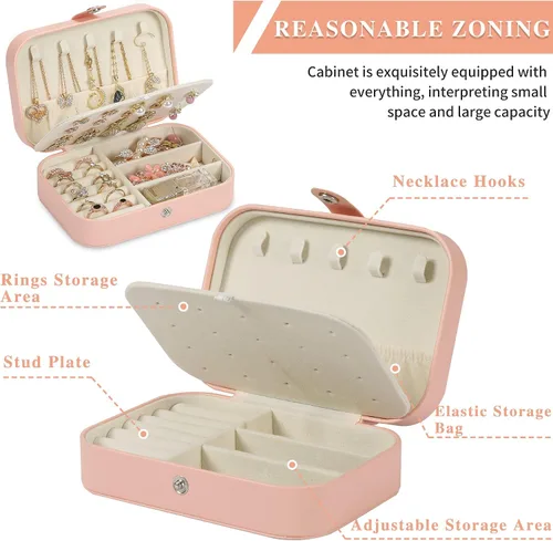 Miniatura 3 de XZUZ Joyero de viaje, organizador de joyas pequeño de piel sintética para niñas y mujeres, mini estuche de viaje portátil de doble capa para guardar