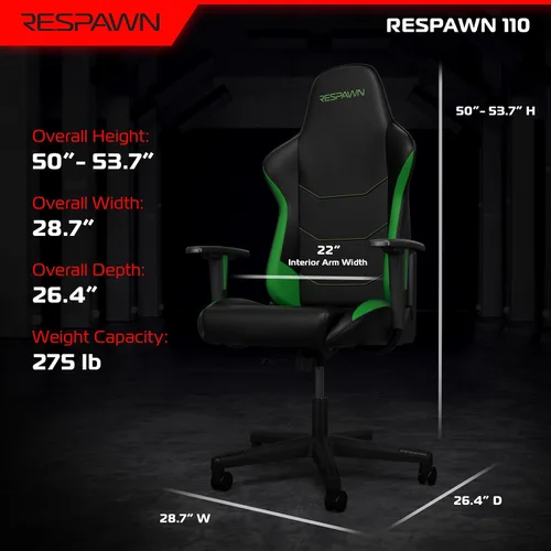 Miniatura 2 de Respawn Silla ergonómica 110 para juegos, silla giratoria reclinable para videojuegos de oficina con soporte lumbar, reposacabezas, resistente, Verde