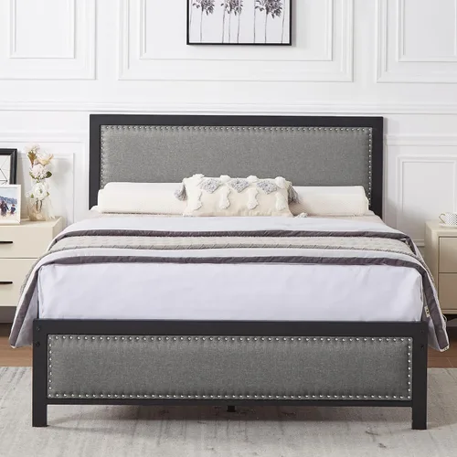 Miniatura 13 de VECELO Queen Bed Frame, Storage Upholstered Headboard with Charging Station, Platform Bedframe, Heavy Duty Metal Slats, No Box Spring Needed