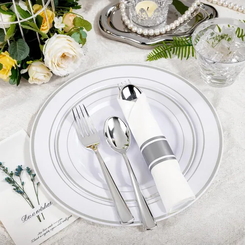 Miniatura 4 de WELLIFE 350 platos de plástico plateado para 50 invitados, juego de vajilla desechable, suministros de fiesta de Navidad incluye 100 platos
