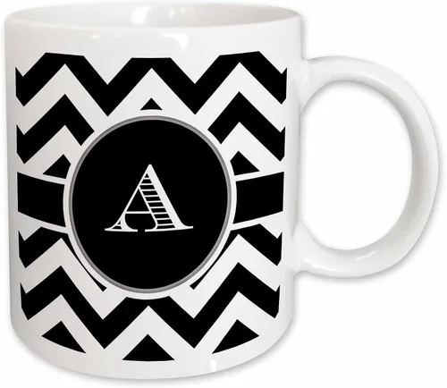 Miniatura 10 de 3dRose Taza azul de dos tonos con monograma de cheurón en blanco y negro con inicial A de 11 oz