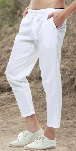 Miniatura 7 de chouyatou Pantalones capri de lino de playa con cordón y ajuste recto para hombre