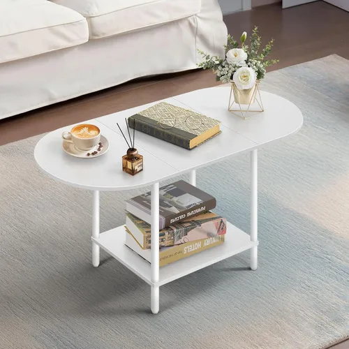 Mesa de centro blanca para sala de estar, mesa central ovalada de mediados de siglo con estante de almacenamiento y superficie de madera, mesa de té