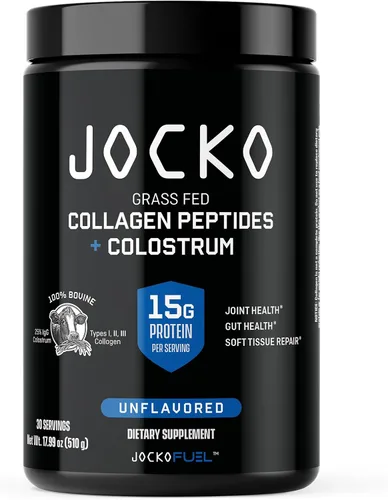 Jocko Fuel Colágeno en polvo con calostro – 0.55 oz de colágeno hidrolizado + 0.07 oz de calostro de primer ordeño – Doble acción para la salud