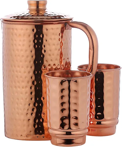 Miniatura 2 de Jarra de cobre de 50.72 onzas con 2 tazas de cobre Juego de jarra de agua de cobre puro y tazas a juego para el hogar y el bienestar, acabado