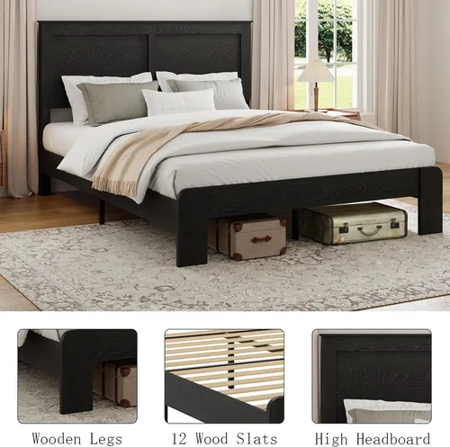 Miniatura 5 de Base de cama completa de madera con cabecera, base de cama de plataforma rústica de granja con soporte de 12 listones de madera, no necesita somier