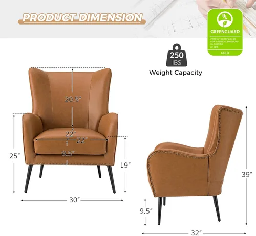 Miniatura 2 de HULALA HOME Silla decorativa de piel sintética con cojín extraíble, cómodo sillón tapizado con patas de metal negro y ribete de cabeza de clavo