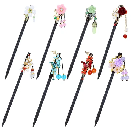Miniatura 11 de inSowni 8 piezas vintage retro asiático, japonés, chino, tradicional, Hanfu con flores de madera con colgantes de cuentas, horquillas