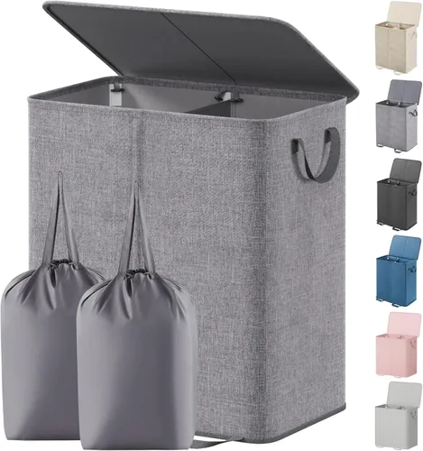 Lifewit - Cesta de lavandería doble con tapa y bolsas de lavar extraíbles, cesta grande plegable con 2 divisores para ropa sucia, con asas para Gris