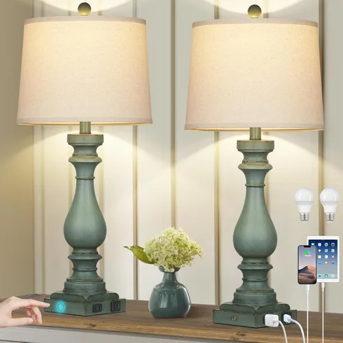 Cinkeda Juego de 2 lámparas de mesa de 29 pulgadas de alto para sala de estar, lámparas vintage para mesita de noche con puertos USB C+A y salida de
