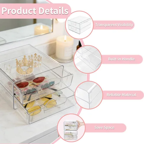 Miniatura 4 de Cajones de almacenamiento apilables transparentes, organizador de cajones de maquillaje acrílico con 2 cajones, contenedores de almacenamiento