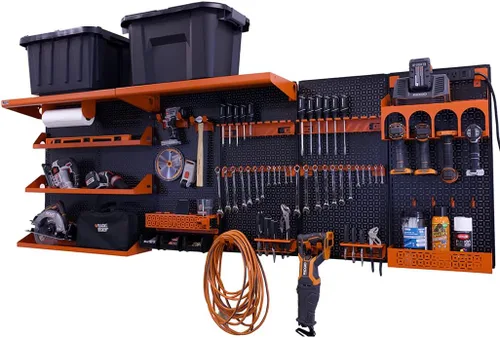 OmniWall Weekend Warrior Ultimate Tool Kit - Sistema de Almacenamiento de Pared de Tablero de Clavos de Metal de 96" x 32" Negro/Naranja