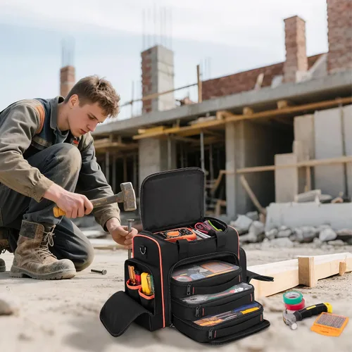 Miniatura 8 de Bolsa de herramientas Marscamd con 3 estuches extraíbles, bolsa de herramientas de 2 capas para herramientas manuales, negra con ribete rojo Negro
