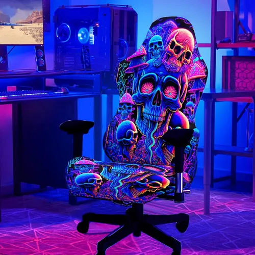 Miniatura 10 de Blacklight - Funda para silla de juegos, protector de silla de deportes electrónicos reactivo a los rayos UV con diseño de calavera de neón