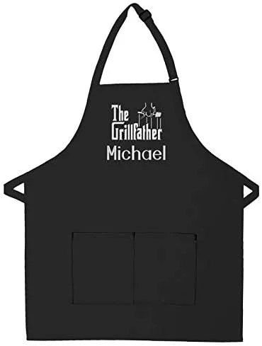 HE APRONPLACE Delantal personalizado para adultos, para papá, hombres y mujeres, diseño bordado de Grillfather personalizable con 2 bolsillos, Negro
