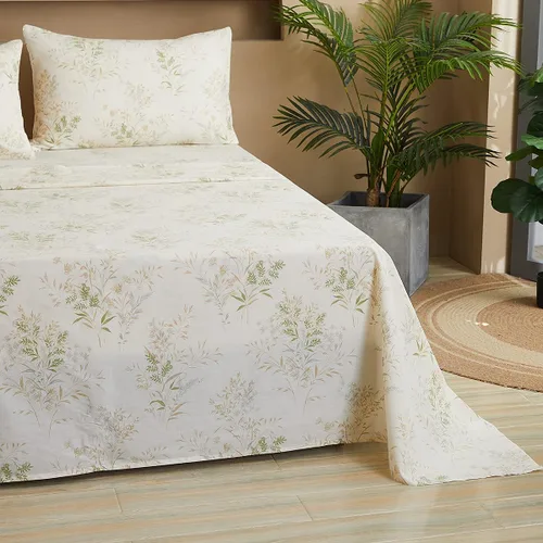 Miniatura 8 de FADFAY Juego de sábanas tamaño California King, juego de sábanas de hojas florales, 100% algodón de 600 hilos, ropa de cama de flores verdes y Crema