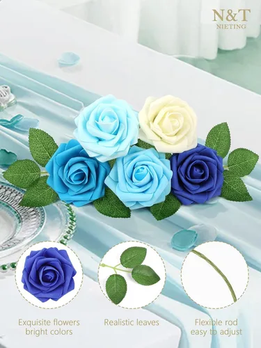Miniatura 7 de N&T NIETING Rosas Azules Flores Artificiales, 50pcs Flores Falsas Rosa Perfectas para Manualidades Boda Dama de Honor Ramos Nupciales Centros