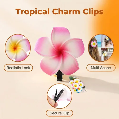 Miniatura 3 de 12 pinzas para el cabello de 2.36 pulgadas estilo hawaiano hawaiano hawaiano bohemio con flores de espuma de plumeria, decoración para el cabello