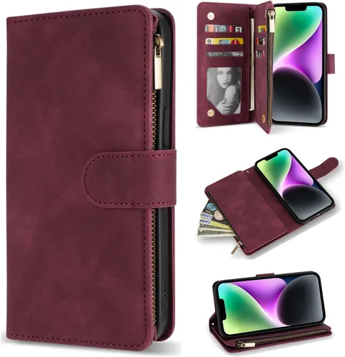 Miniatura 25 de ZZXX Funda tipo cartera para iPhone 14 Plus con [Bloqueo RFID] Ranura para tarjetas Cuero PU suave premium con cremallera tipo folio plegable