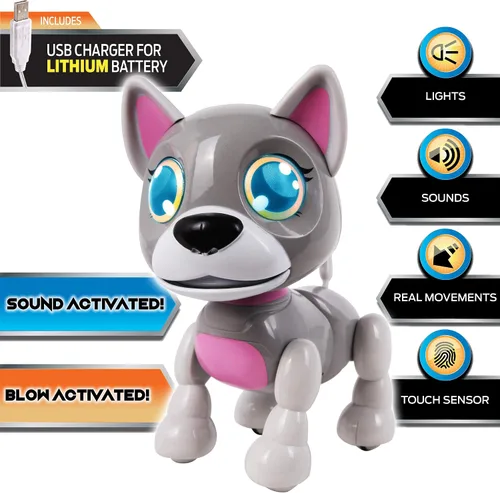 Miniatura 2 de NKOK USB PetBotz - Robo Puppy, recargable, miniatura, robot interactivo para mascotas, iluminado, activado por sonido, hace ruidos bajo orden, viene