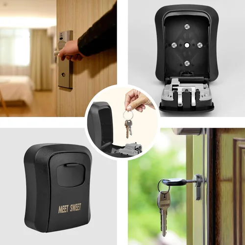 Miniatura 6 de Caja de bloqueo de llave de montaje en pared segura con protección de contraseña de 4 dígitos, caja fuerte para llaves al aire libre (negro)