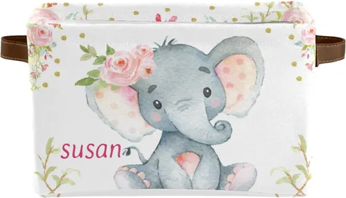 Contenedor de almacenamiento personalizado de elefante floral rosa bohemio con nombre, impermeable, organizador de lona con asas, para cestas de