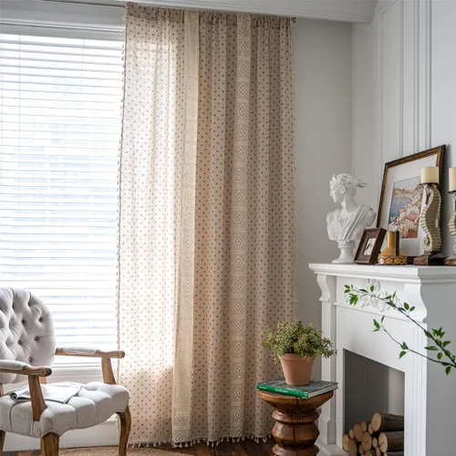 Miniatura 92 de Deeprove Cortinas bohemias para dormitorio, rayas huecas de ganchillo crema y estampado floral, tela de lino de algodón, con borlas beige bohemias