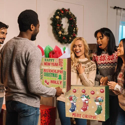 Miniatura 5 de Zachely 24 bolsas de regalo de Navidad extra grandes con 24 papel de seda, bolsas de papel kraft jumbo a granel para regalos, 6 estilos de bolsas