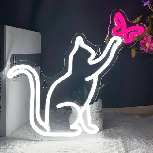 Miniatura 8 de Señales de neón de gato, señal de neón LED de gato y mariposa para decoración de pared, lindas luces de neón de gato, señal de luz de neón de arte