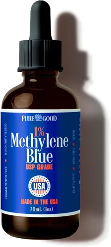 PureGood Azul de metileno 1% Líquido – 10 mg por 1 mL Porción – 1.0 fl oz (1 fl oz) – Aproximadamente 30 porciones – Probado por terceros – Botella