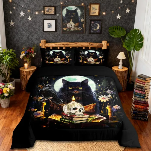 Miniatura 12 de Castle Fairy Juego de edredón con diseño de gato lindo para niños, tamaño twin, juego de ropa de cama con hojas de flores, luna, noche y cielo