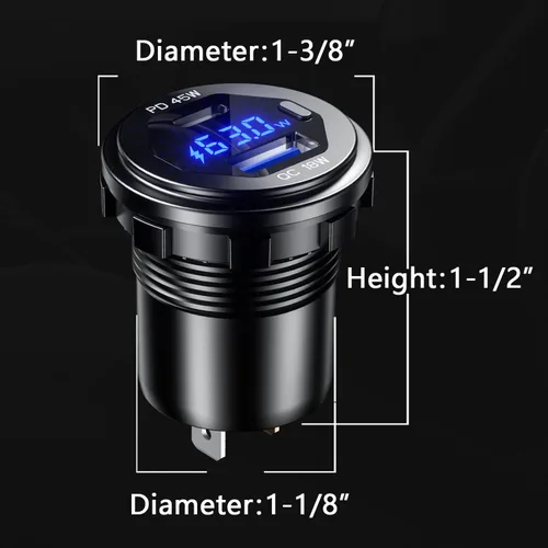 Miniatura 5 de PD - Cargador rápido USB C de 45 W de 18 W, enchufe de cargador USB 3.0 impermeable con interruptor, voltímetro LED y fusible de cable, kit