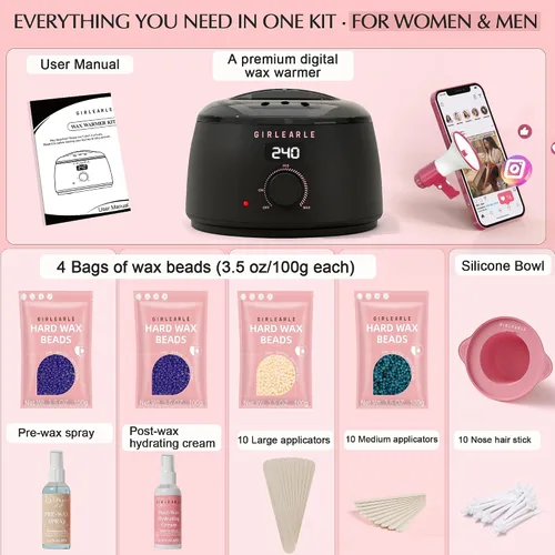 Miniatura 3 de GIRLEARLE Black and Pink Digital Waxing Kit for Women and Men Sensitive Skin, Nose&Ear Wax Kit Hair Removal at Home with Wax Beads & Silicone Pot