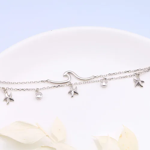 Miniatura 5 de Tobillera ondulada para mujer, de plata de ley S925, ajustable, con estrellas de mar en capas, océano, playa, mar, tobillera